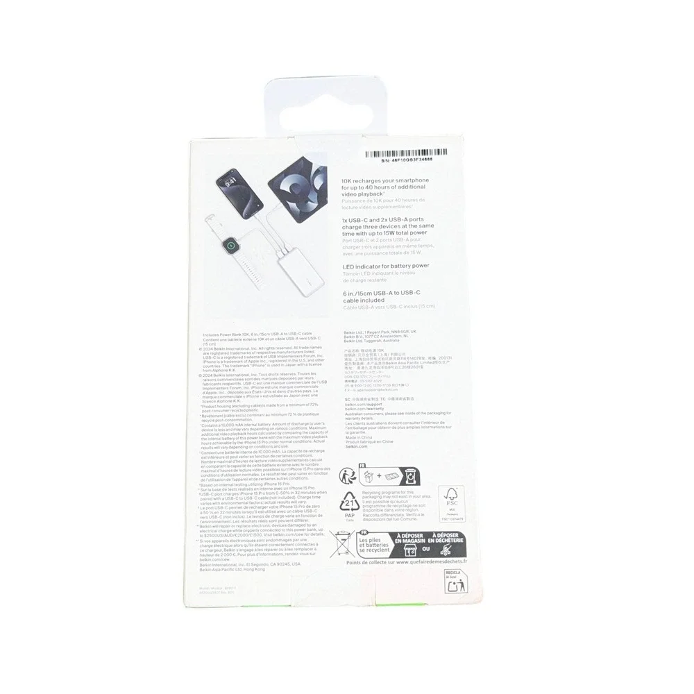 Aa6N Belkin BoostCharge Power Bank 10000mAh 2 Type-A‎ / 1 Type-C Ports, White